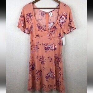 Abound Mini Dress Short Sleeve Skater V Neck Pink Coral Floral size L